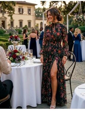 Misa Los Angeles Black Floral Maxi Dress with Red and Green Print